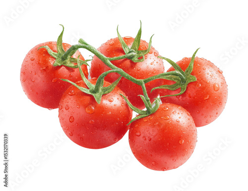Fresh red cherry tomatoes with water droplets on the vine
