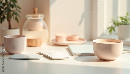 Wallpaper Mural Brightly lit still life with pink ceramic cup and white accessories. Torontodigital.ca