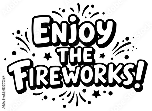 Bold. stylized text with fireworks graphics. Ideal for advertising or social media posts about celebrations and holidays.