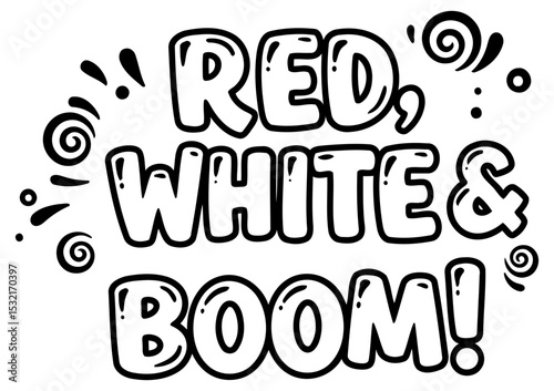 Red. white & boom! graphic design in bold. fun font with decorative elements.
