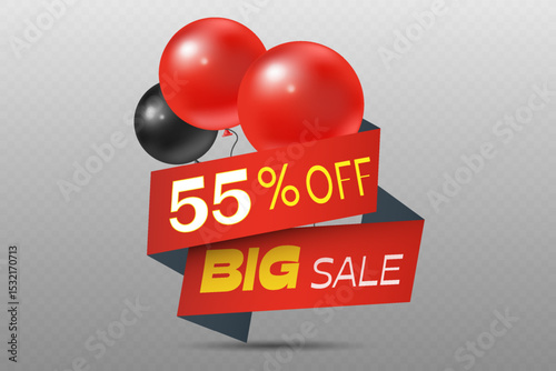 Big sale red banner with beautiful balloons and offers.