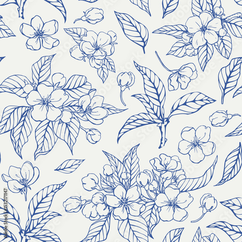 Vector Vintage floral seamless pattern flowers apples, cherry. Hand drawn Line art elements. Blue beige. Background for design packaging, textile, wrapping paper, wallpaper, Fashion apparel, wedding