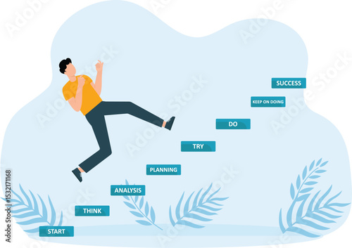 Female manager animation carrying an umbrella and suitcase while climbing staircase with strategy plan toward success concept

