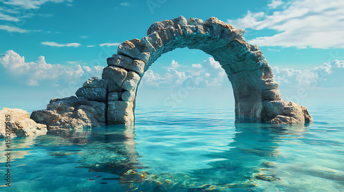 Warm glow spreads over sea under elegant arch high resolution picture