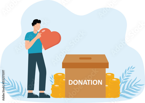 Close up of unknown hand animation inserting red heart symbol into a donation box near stacks of coins concept

