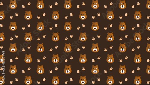 Seamless happy bear patterns on dark brown background. Cute bear with big smile