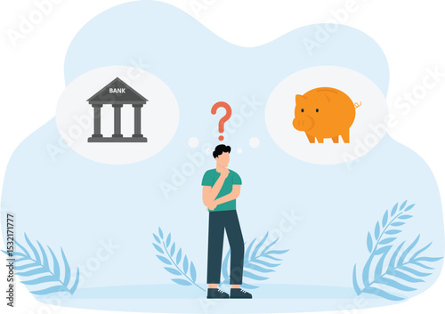Confused businessman animation thinking about savings money on bank or piggy bank while holding money bag concept

