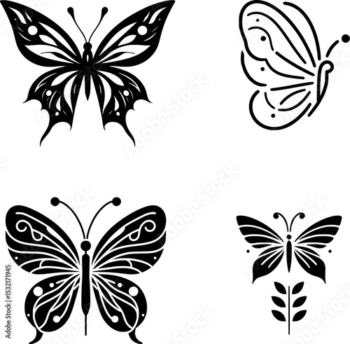 Set of black and white minimalist butterfly vector illustrations in flat design, featuring clean lines
