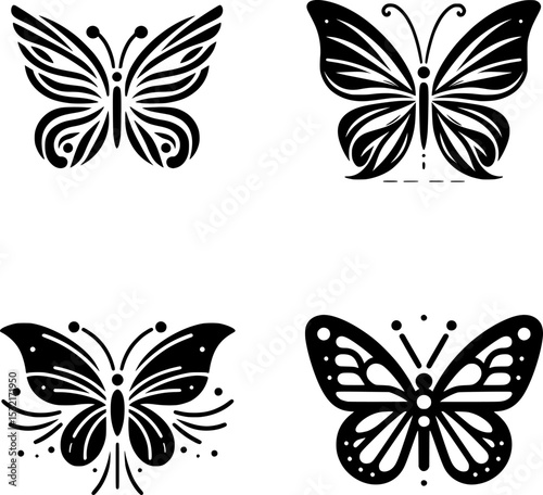 Set of black and white minimalist butterfly vector illustrations in flat design, featuring clean lines