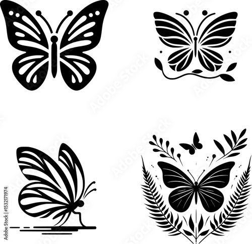 Set of black and white minimalist butterfly vector illustrations in flat design, featuring clean lines