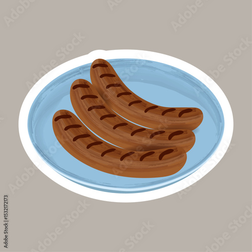Grilled sausages on a blue plate with white outline on a gray background. Oktoberfest and barbecue sticker. Vector illustration. Square bright background with food. Festive element close-up.