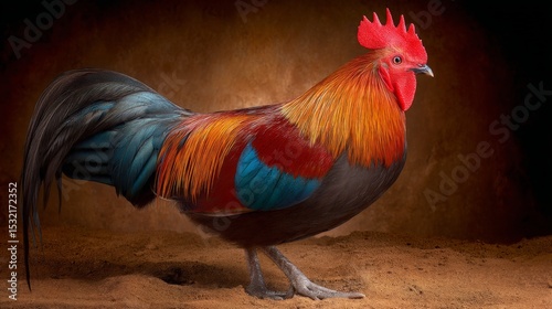 Colorful rooster standing on dirt with a dark background and vibrant feathers