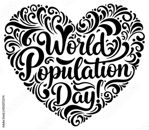 World Population Day graphic design in heart shape with decorative swirls. Visually appealing design for international awareness event. Generic graphic design for global awareness.