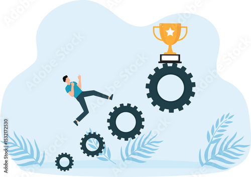 Flat style vector illustration, business concept. Reaching the goals of the businessman climbing the ladder of success. Professional growth, self-confidence, determination and clear motivation.

