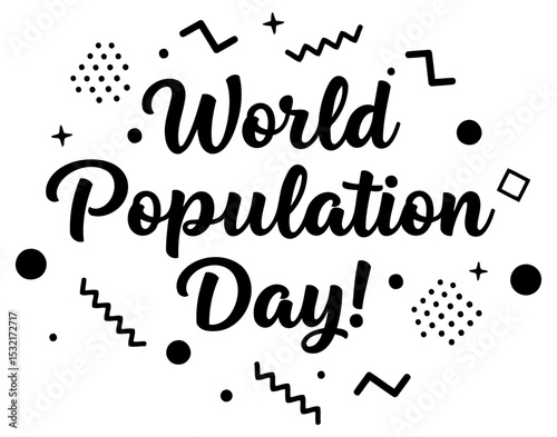 World Population Day graphic with stylized text and geometric shapes. Bold. celebratory typography in a vintage. pop-art style on a simple white background.