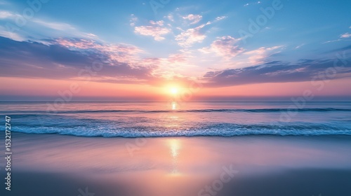 Beautiful sunrise over the sea with blurred pastel-toned background, serene pink and blue sky blending into calm water, peaceful natural landscape ideal for wallpapers, digital art, or tranquil-themed