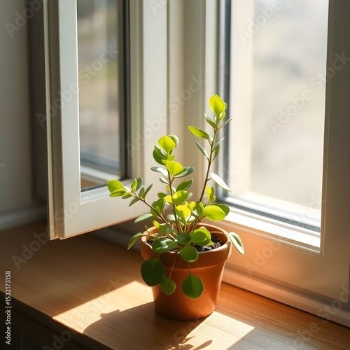 A small potted plant with jade leaves, placed beside an open window.
