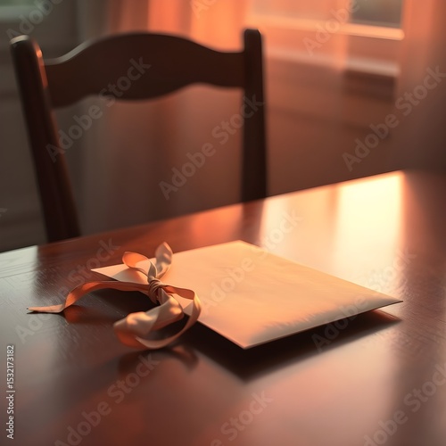A letter tied with ribbon resting beside an empty chair in blush light.