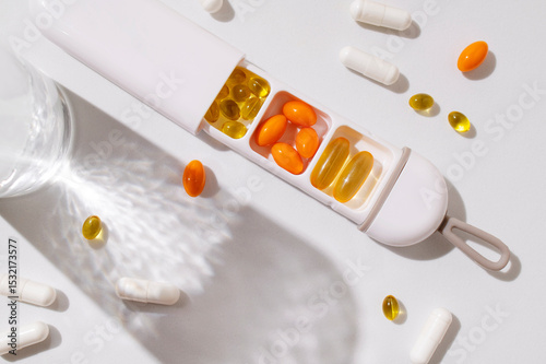 Health care, homeopathy, minimalistic medical background. Various vitamins, nutraceuticals, dietary supplements, tablets, stylish pillbox and glass of water on gray background top view