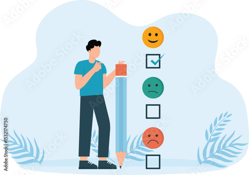 Client satisfaction survey as customer feedback. Experience the opinion of the consumer as a choice for a service or product. Performance appraisal scale.

