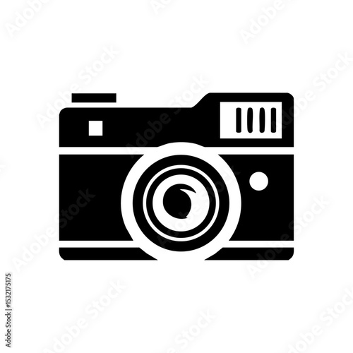 Minimalist black vector icon of a vintage film camera with detailed lens.

