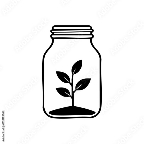 Vector logo of a plant growing inside a transparent jar, representing sustainability and eco care.

