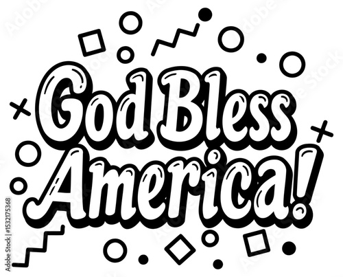 God Bless America graphic design with patriotic theme in a bold. stylized font with graphic elements. Graphic design art with patriotic theme. No specific location -