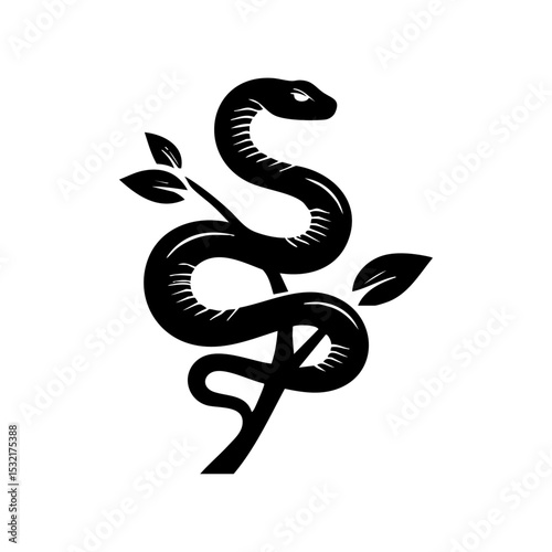 Vector logo of a snake elegantly wrapped around a branch with leaves.

