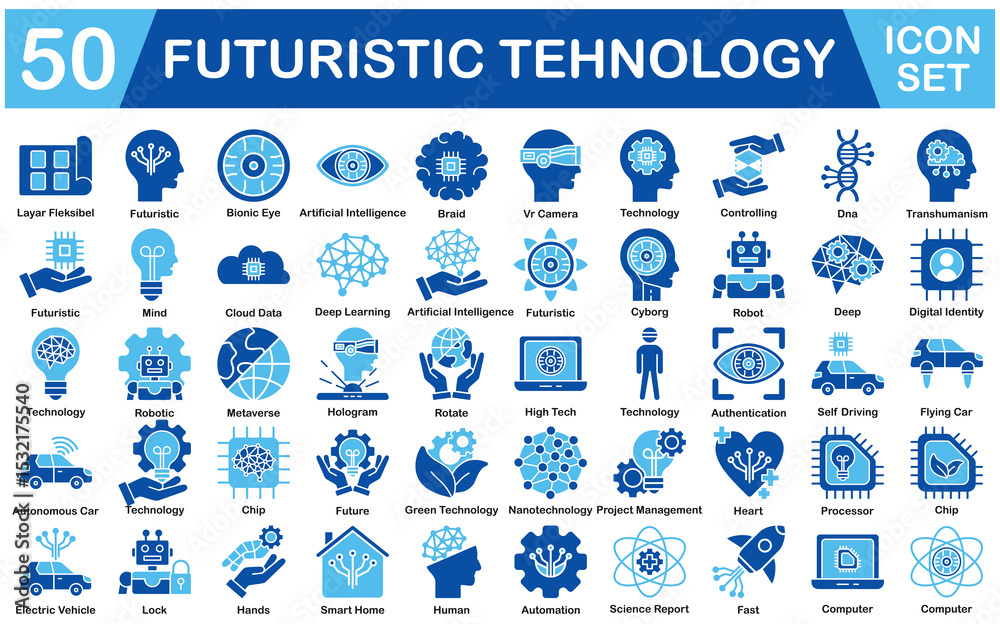 Fototapeta premium Futuristic Technology Icon Set With Layar Fleksibel, Futuristic, Bionic Eye, Artificial Intelligence, Braid, Vr Camera, Technology, Controlling, Dna, Transhumanism, Mind, Cloud Data, Deep Learning