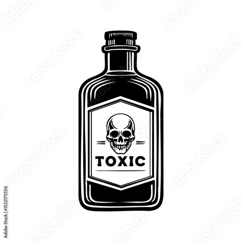 Vintage-style bottle icon with toxic warning skull symbol. Black and white poison bottle design for chemical hazard themes.



