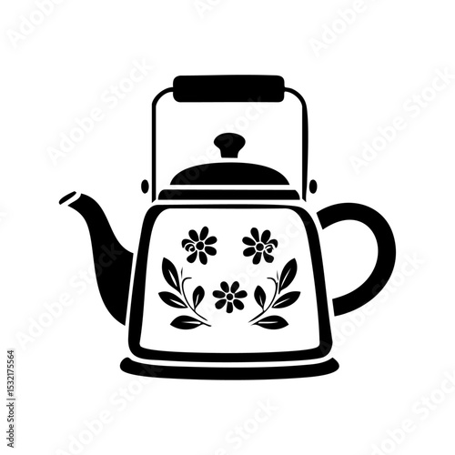 Vector icon of a traditional tea kettle with vintage floral decoration.

