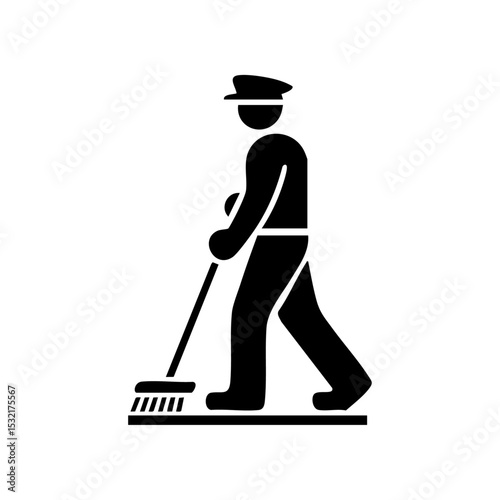 Minimalist icon of a janitor in uniform using a broom to clean the floor.

