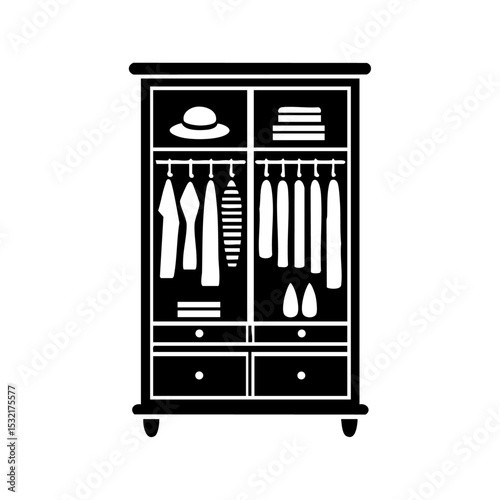 Minimalist wardrobe vector with hanging clothes, shelves, and drawers.

