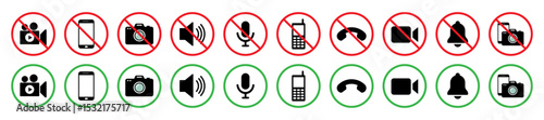 Set of media control icons with red prohibition and green permission signs. Includes camera, mobile, mic, video, bell, speaker, and call symbols. Perfect for public signage and UI use.