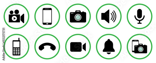 Vector icon set with green circles indicating allowed actions. Includes camera, video, phone, mic, bell, and speaker icons. Ideal for UI, public signage, apps, and information graphics.