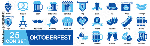 Oktoberfest Icon Set With Barley, Pretzel, Beer, Drink, Hat, Flag, Sausage, Sign, Bench, Moustache