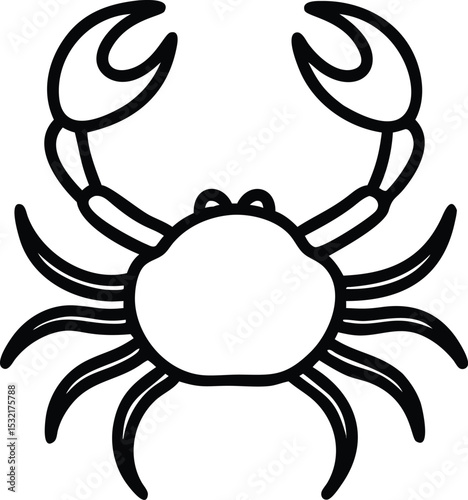 Simple outline shows a sea crab with two claws in black color