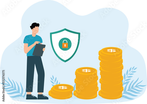 Flat style vector illustration of money protection in business, investment and assets. safe business economy, financial savings insurance.

