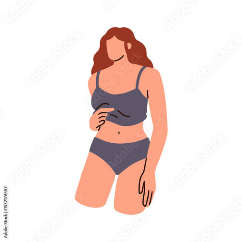 Woman in lingerie. Slim female body in bikini with bra, panties. Young girl with fit figure, sensual pose. Feminine underwear, underclothing. Flat vector illustration isolated on white background