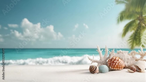 A close-up of a sea shell resting on golden sand, with gentle ocean waves and a clear blue sky creating a serene beach backdrop. 4K video footage.