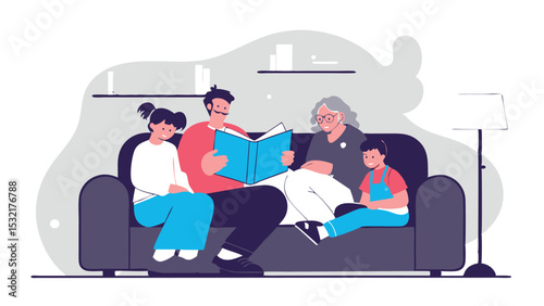 An elderly man reads a book to his grandchildren, sitting in a cozy atmosphere. The children listen attentively, enjoying the moment of family communication