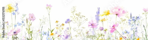 Watercolor wildflowers, pastel pink, purple, yellow, blue, and green colors, spring aesthetic, clipart style