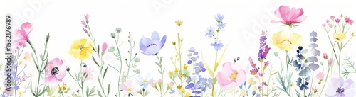 Watercolor wildflowers, pastel pink, purple, yellow, blue, and green colors, spring aesthetic, clipart style