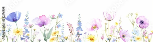 Watercolor wildflowers, pastel pink, purple, yellow, blue, and green colors, spring aesthetic, clipart style