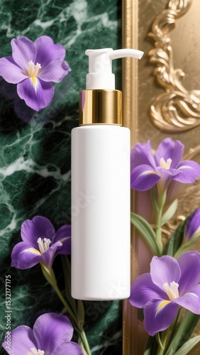 Elegant Skincare Product with Purple Iris Flowers and Gold Accents