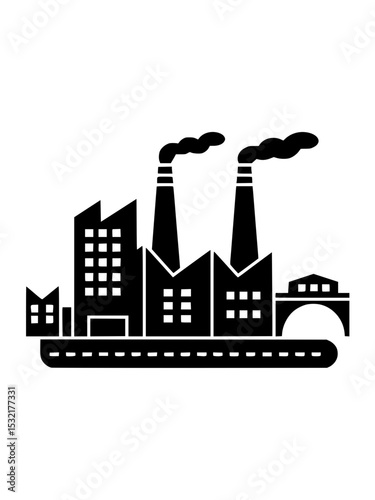 Industrial Factory Icon with Smoke Stacks, Black and white vector illustration of an industrial factory complex with chimneys emitting smoke, symbolizing manufacturing and pollution.


