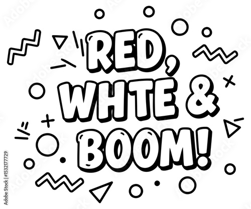 Red. White & Boom! graphic design with miscellaneous geometric shapes in a minimalist style. Bold. stylized lettering against a white background. Graphic design. for general use -
