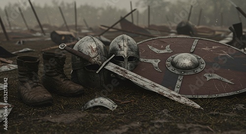 Warrior’s accoutrements laid on ground – helmet, sword, shield, armor, boots in battlefield setting