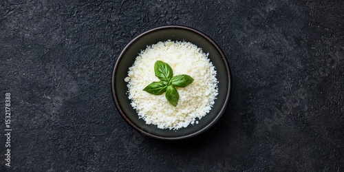 A black bowl filled with white cottage cheese, garnished with fresh green basil leaves, set on a textured dark surface.