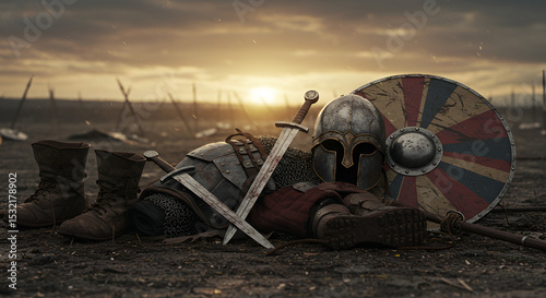 Warrior’s accoutrements laid on ground – helmet, sword, shield, armor, boots in battlefield setting